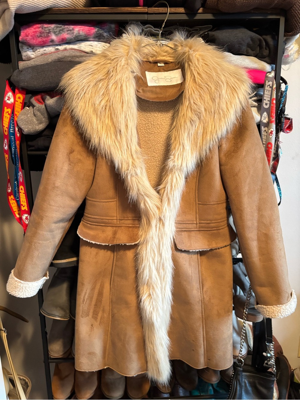 Jessica Simpson Tan Suede Trench Coat with Faux Fur Trim